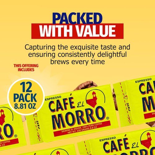 Premium Ground Coffee, Café El Morro, 250g (8.81 oz), Pack of 12, Gourmet Dark Roast Espresso Coffee, Vacuum Pack, Experience the Rich Taste of Puerto Rican Style Espresso