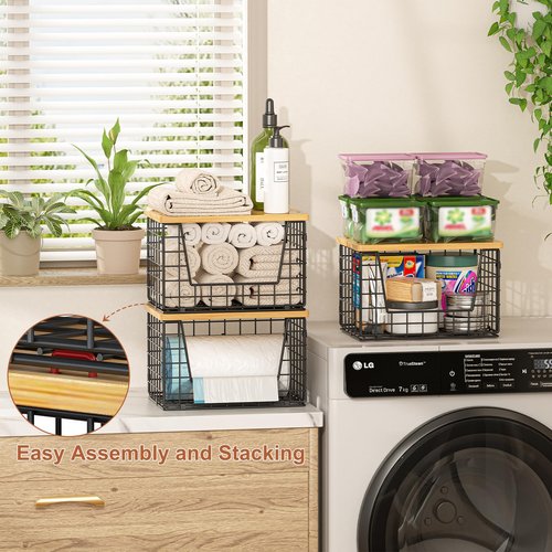 keomaisyto Stackable Wire Baskets, 2-Pack - Kitchen & Pantry Organizers for Potato, Onion Storage, Heavy-Duty Metal Storage Bins for Fruit, Vegetable, Snack, Can