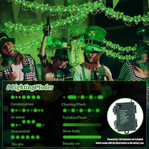 MJZ 2 Pack 9.85 FT St Patrick's Day Garland with Green LED Lights, Battery Operated Irish Shamrock Garland Fairy Lights with 8 Modes, St Patricks Day Decorations for Mantle Porch Door Stairs Table