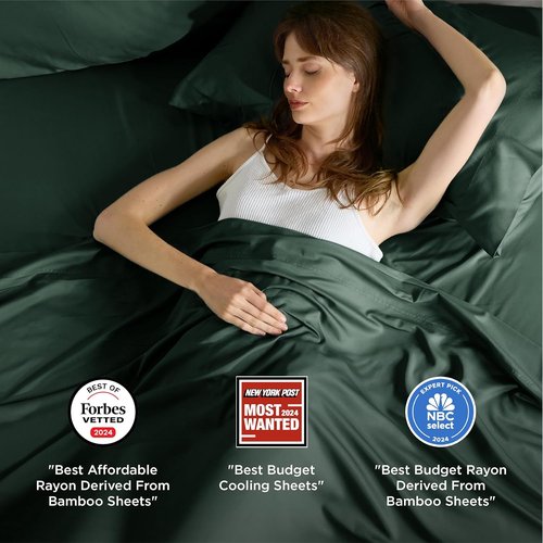 Bedsure King Size Cooling Sheets Set - Breathable Rayon from Bamboo, Soft & Luxurious, Deep Pocket, Forest Green