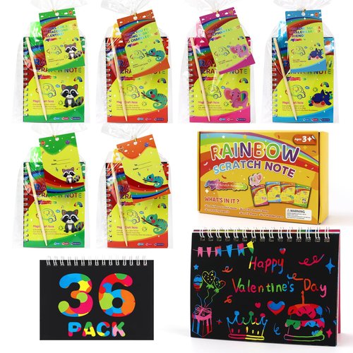 36 Pack Party Favors for Kids Rainbow Scratch Art Notebook Goodie Bags Stuffers for Kids, Valentines Day Classroom Prizes for Girls Boys, Valentine's Day Gift Valentines Day Cards for Kids School