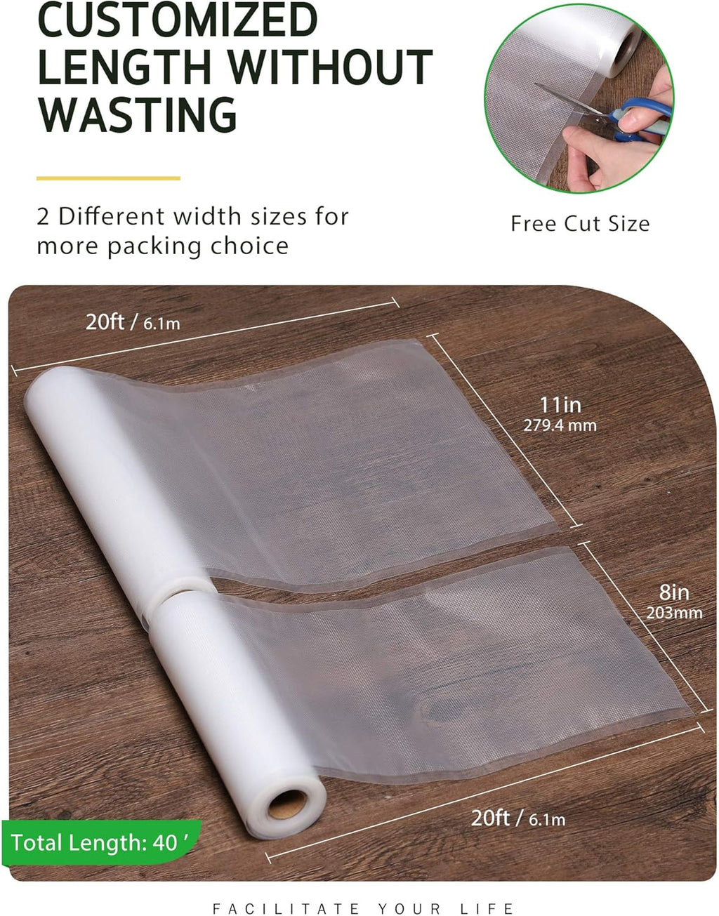 Syntus Vacuum Sealer Bags - Commercial Grade Food Storage | 2 Pack: 11" x 20' & 8" x 20' Rolls