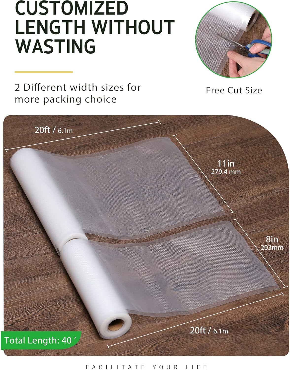 Syntus Vacuum Sealer Bags - Commercial Grade Food Storage | 2 Pack: 11" x 20' & 8" x 20' Rolls