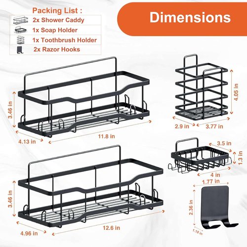 Athena Silken Shower Caddy Set - Rustproof 304 Stainless Steel Organizer - 40LB Capacity - Black