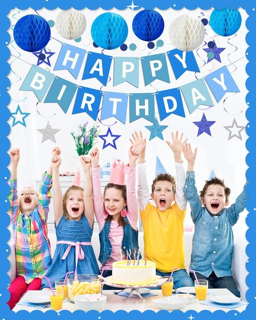 Blue Happy Birthday Decorations - Banner with Honeycomb Balls & Stars | Party Decor for All Ages