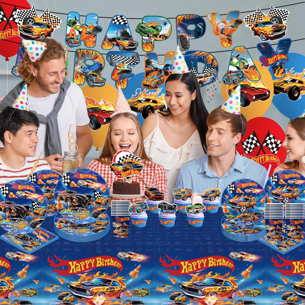 Hot Car Birthday Decorations Tableware 104Pcs Blue Car Themed Party Supplies Include Banner Balloons Plates Napkins Cups Tablecloth Cupcake Toppers and Cake Topper for Birthday Party Decor Sever 20