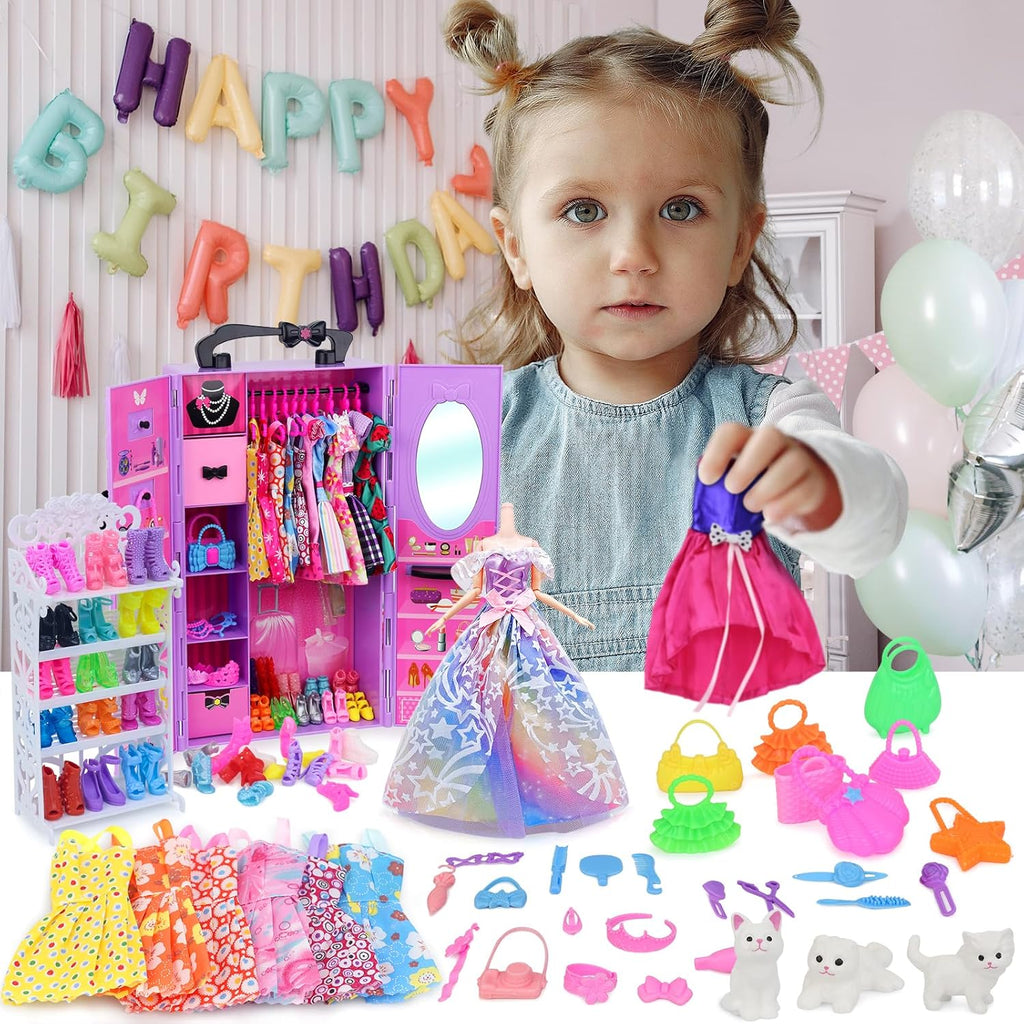 Regine Switzerland Girl Doll Clothes Closet - Stylish Wardrobe with Dresses & Accessories for 11.5 Inch Dolls