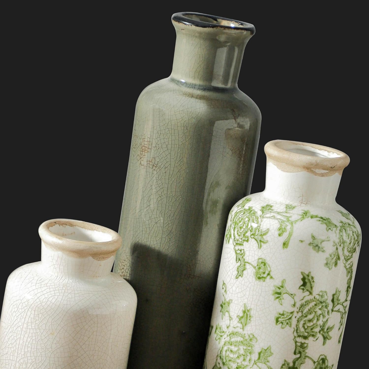 Skiennix Vintage Vase Set of 3 - Ceramic Chinoiserie Flower Vases for Rustic Home Decor | Green & Beige