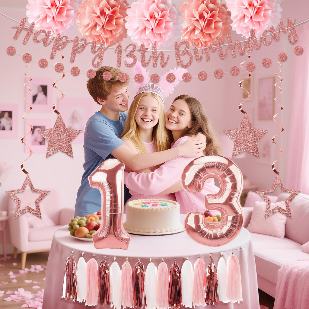 Kuxriox 13Pcs Happy 13th Birthday Decorations for Girls, Pink Rose Gold 13th Birthday Banner and Balloons, Glittery 13 Year Old Bday Tissue Pompoms, Circle Dots Garland, Tassel Garland Party Supplies