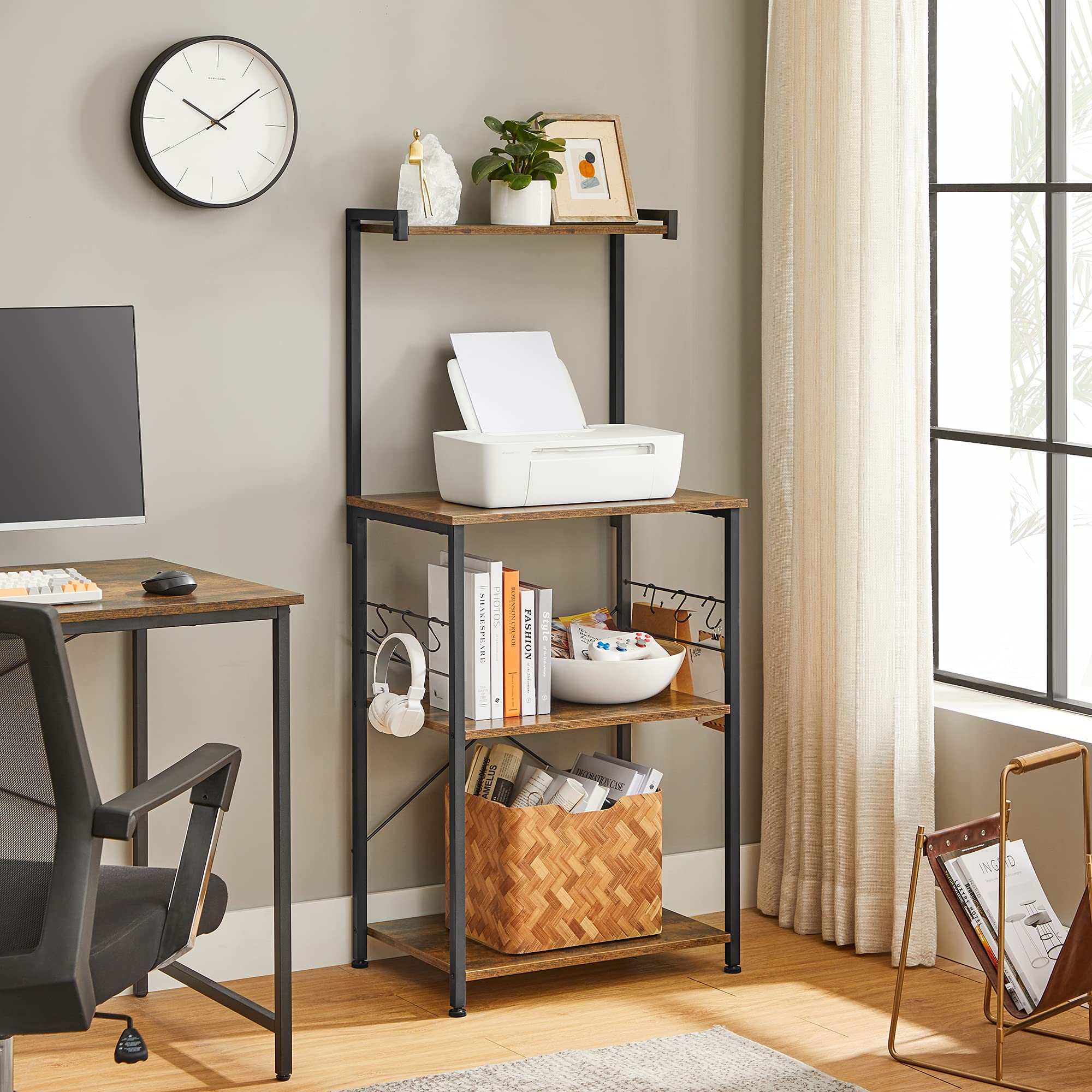 VASAGLE Kitchen Storage, Bakers Rack, Coffee Bar, 3-Tier Shelf, 6 S-Hooks, for Microwave, Spice Jars, Pots and Pans, Industrial, Rustic Brown and Black UKKS023B01