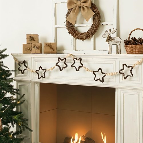 Christmas Decorations Indoor: 6.5ft Farmhouse Christmas Garland Rattan Stars Wooden Beads Christmas Decor,Cute Rustic Stars Ornaments Xmas Banner for Mantel Fireplace Home Wall