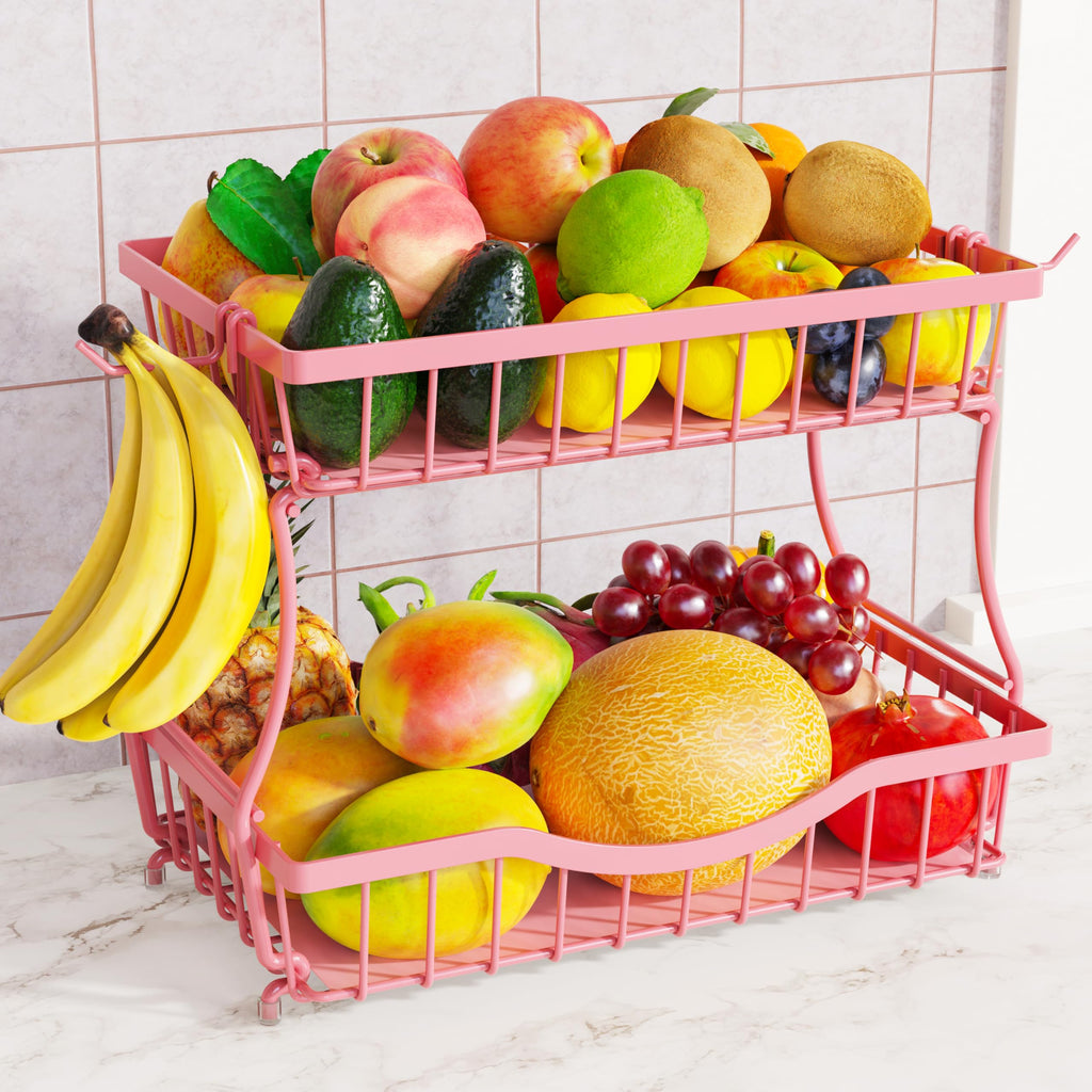 Zurklulu Pink 2 Tier Large Fruit Basket for Kitchen Counter with 2 Banana Hangers, Metal Fruit Bowl for Onion Vegetable Bread Snack, Countertop Organizer – 14.5" W x 9.5" D