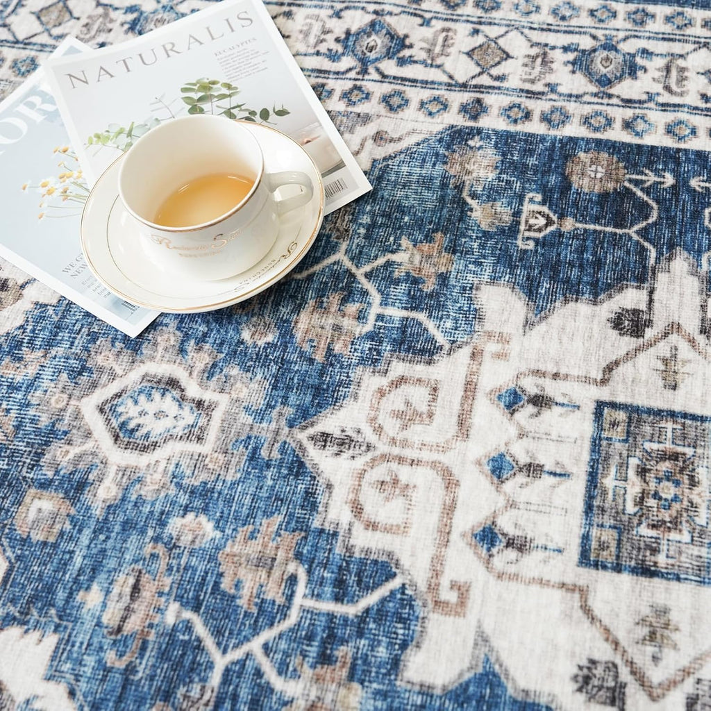 Skiennix Vintage Area Rug - Washable Soft Indoor Mat with Non-Slip Backing | 2x3 ft, Blue