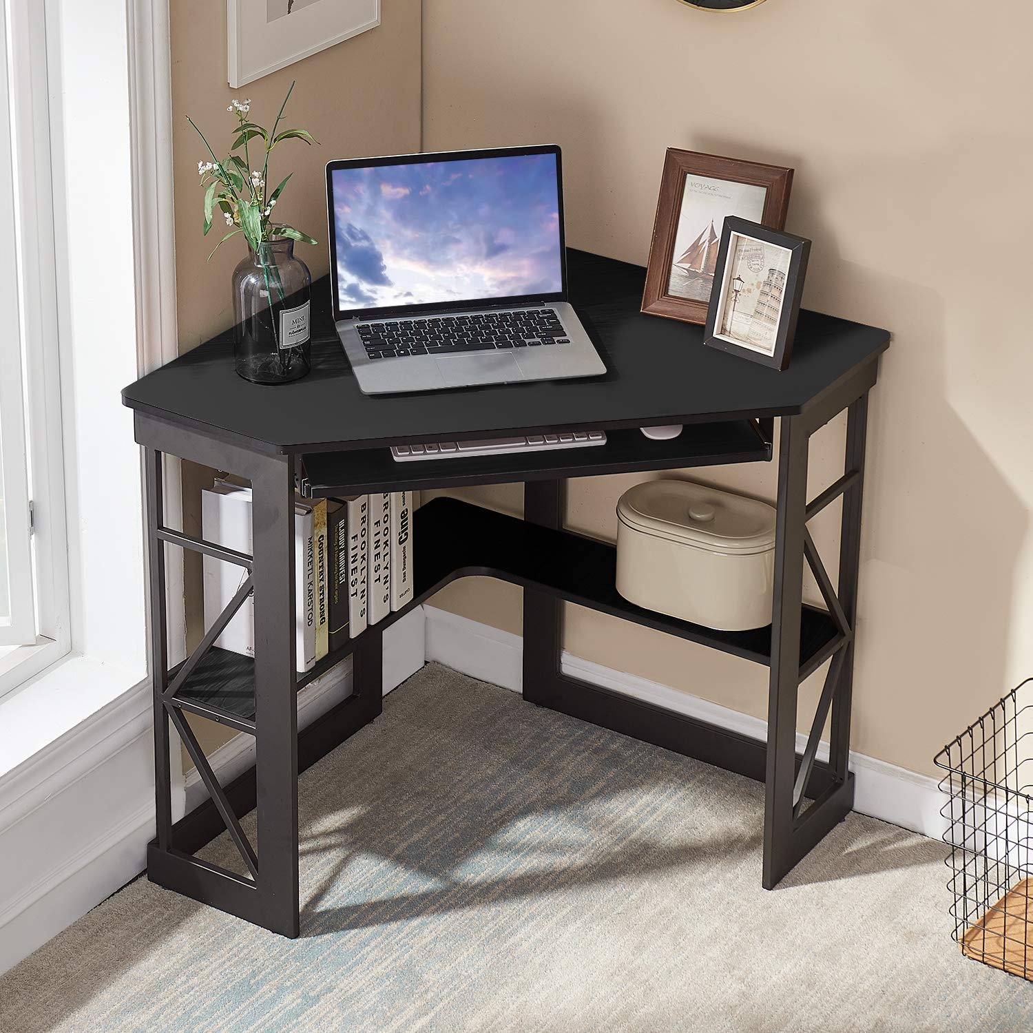 VECELO Corner Desk Computer Desk Writing Table with Smooth Keyboard Tray & Storage Shelves,Compact Home Office Triangle Table,Black