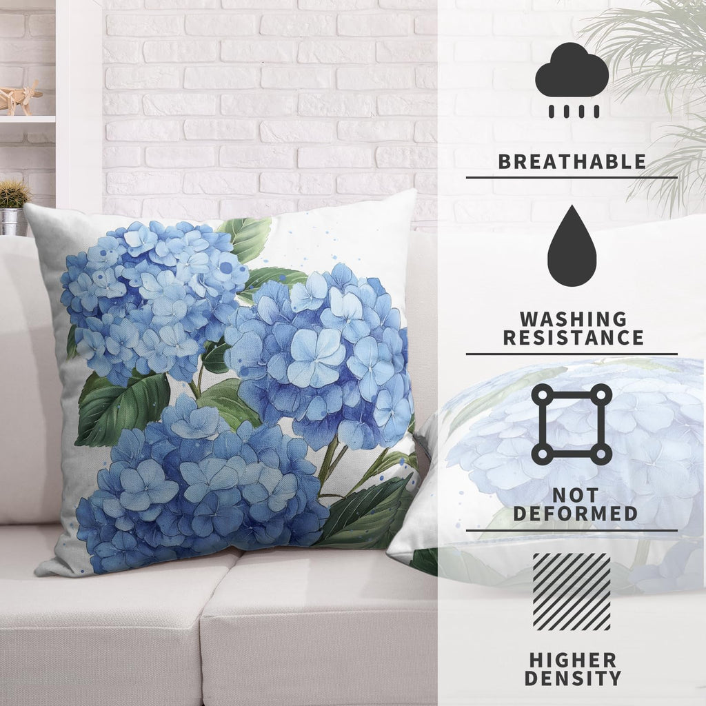 Kwlegh Blue Hydrangea Pillow Covers 18x18 Set of 2 Spring Summer Decorative Pillow Covers Flower Throw Pillow Case Square Cotton Linen Cushion Case for Outdoor Living Room Couch Sofa