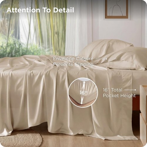Bedsure Cooling California King Sheet Set - Breathable Rayon from Bamboo, Deep Pocket, Soft & Silky, Beige