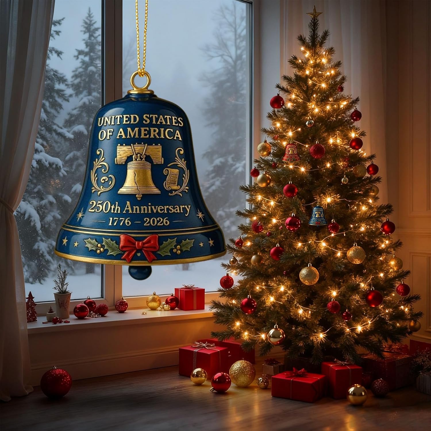 USA 250th Anniversary Bell Ornament - 3D Vintage-Style Metal Decor for Patriotic Holidays | 2PCS Red & Blue