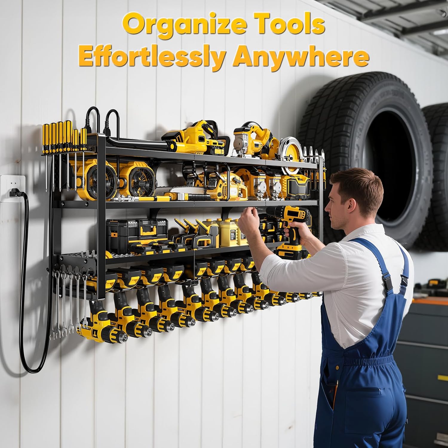 POKIPO Large Power Tool Organizer - Wall Mount Charging Station with 8 Outlet Power Strip | 49.5" 4-Tier Heavy Duty Storage for 12 Cordless Drills, 800 lb Load Capacity