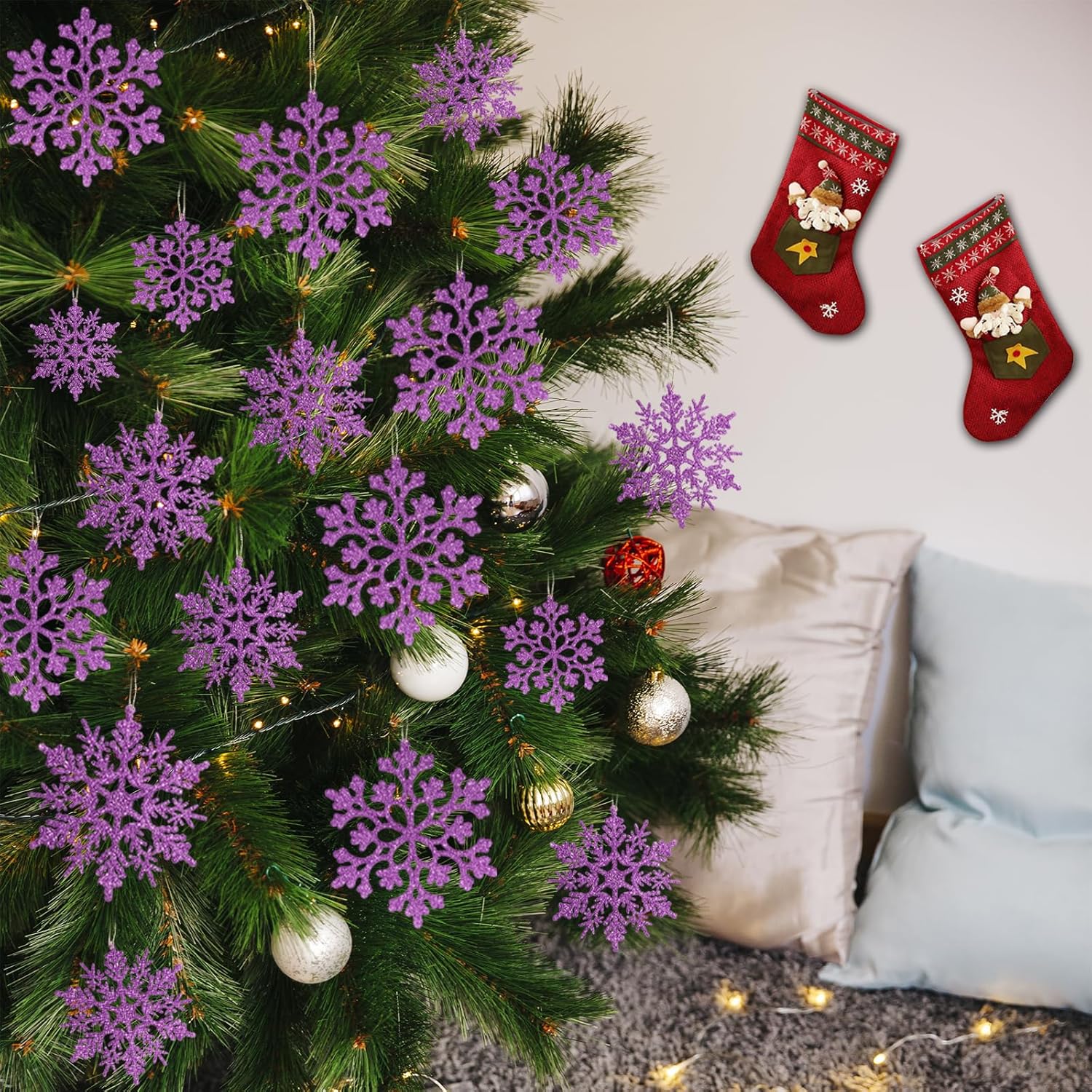 Skiennix 36pcs Christmas Light Purple Snowflake Ornaments - Plastic Hanging Decor for Winter Wonderland