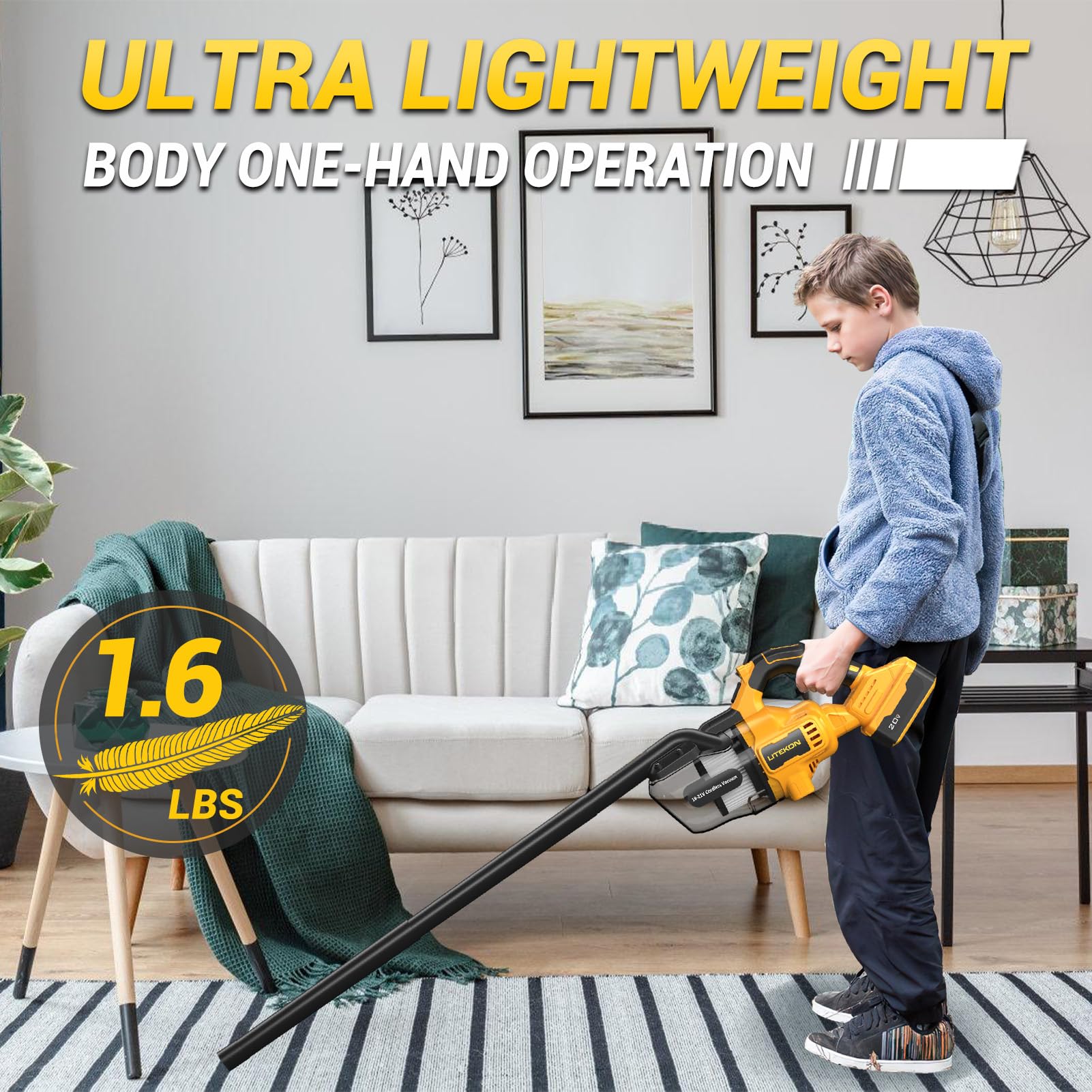 LITEKON Cordless Vacuum Compatible with 𝗗𝗘-𝗪𝗔𝗟𝗧 20V Max Battery (No Battery), Handheld Battery Powered Vacuum Cleaner for Wood Floor, Carpet, Car Cleaning, 125AW (Tool Only)