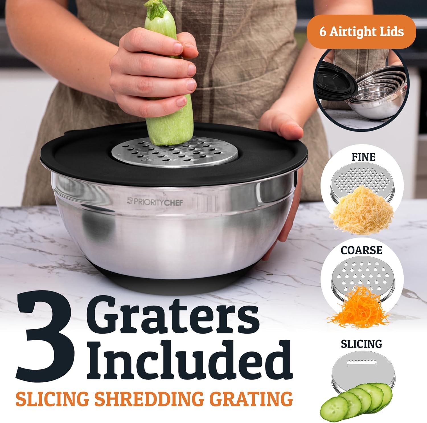 Priority Chef Stainless Steel Mixing Bowls Set - 30-Piece Kitchen Set with Airtight Lids & Non-Slip Bases