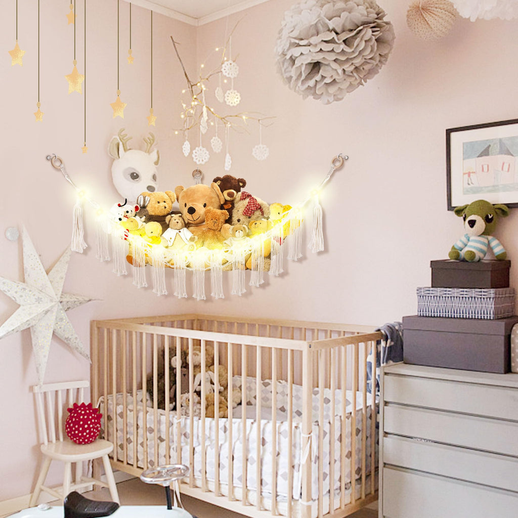 CERETIA Stuffed Animal Hammock with LED Light, Large Stuffed Animals Storage Corner Plushie Net for Kids Room Decor, White