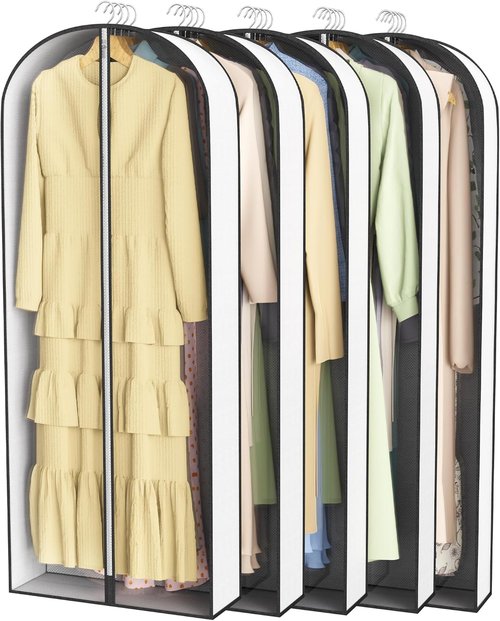 Liuoud 60” Garment Bags - Breathable Fabric with Clear Window & Metal Zipper | 5 Pack for Suit & Dress Storage