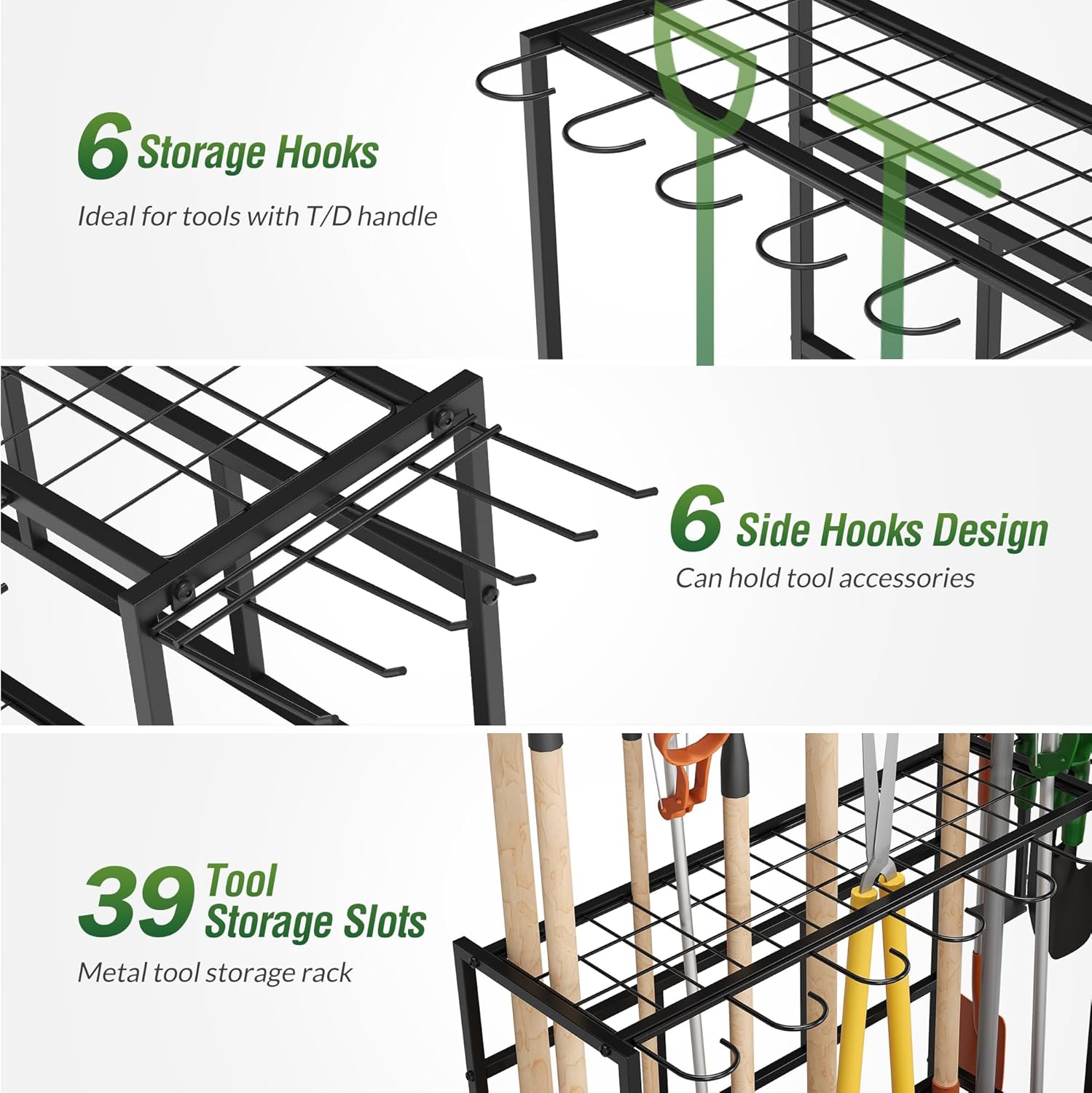 Sttoraboks Garden Tool Organizer Rack - Heavy-Duty Steel Storage for Up to 39 Tools | 12 Hooks, Black