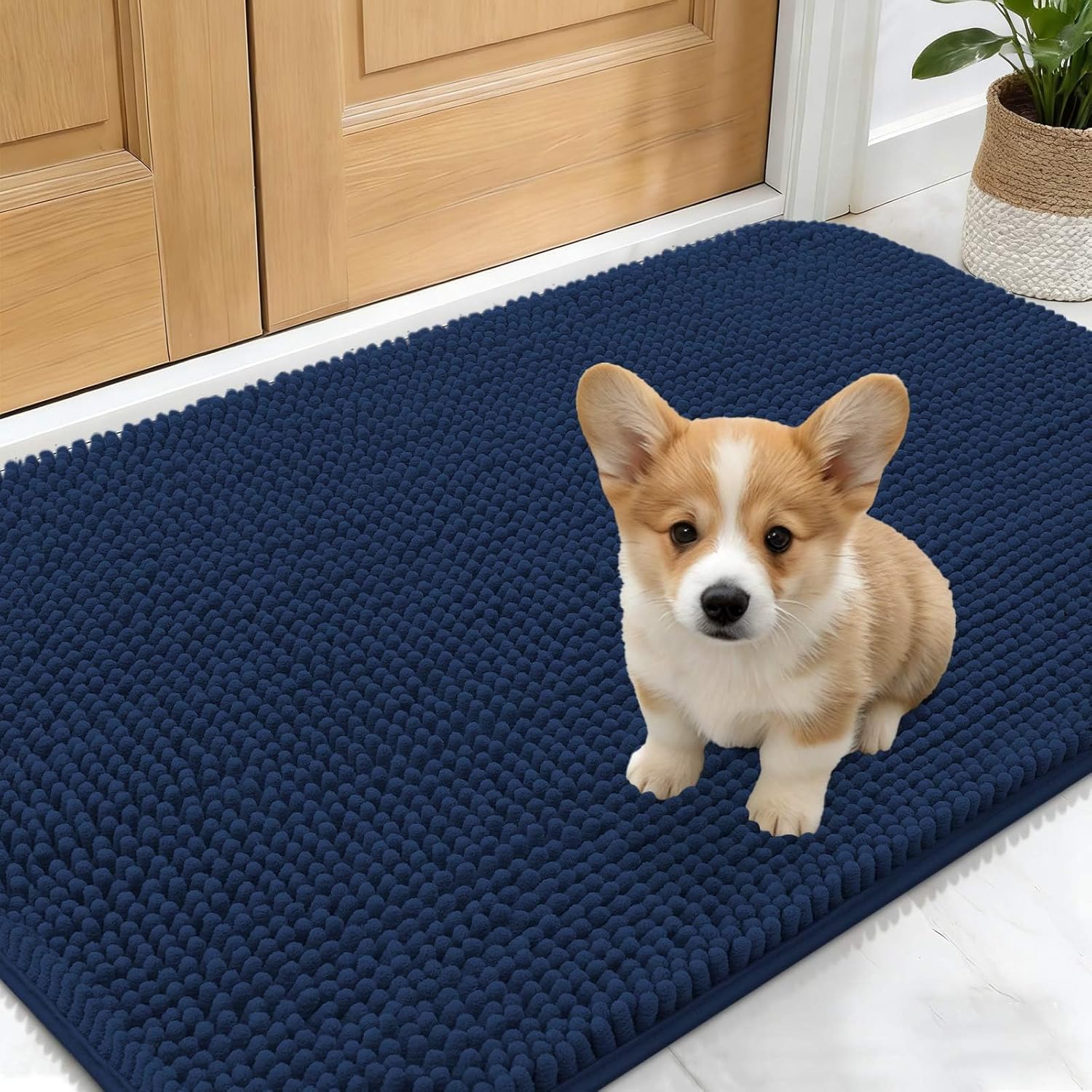 OLANLY Dog Door Mat - Absorbent Non-Slip Chenille Mat for Muddy Paws | 30x17, Dark Blue, Quick Dry