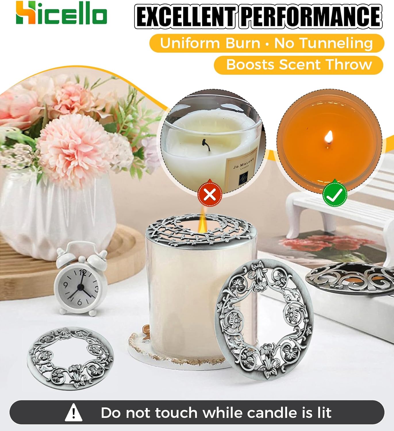 Skiennix Candle Toppers - Set of 2 Silver Metal Lids with Floral Design | Fits 80mm Yankee Candles, Enhances Even Burning, Perfect Gift for Women