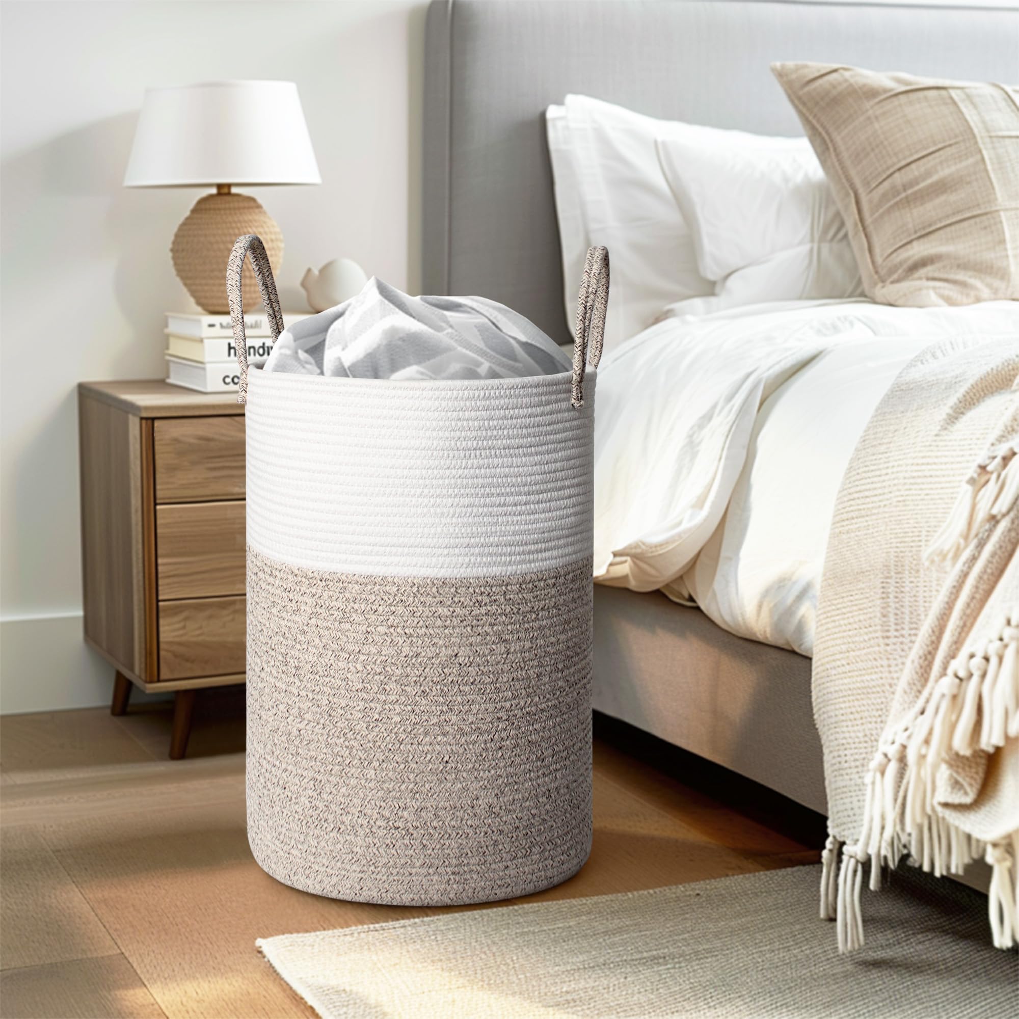 WILLITAT Large Woven Laundry Basket, 15”x18” Tall Blanket Basket Living Room, Cotton Rope Hamper for Bedroom Aesthetic, Baby Nursery, Wicker Hamper for Dirty Clothes, Kids Toy Laundry Storage Bin