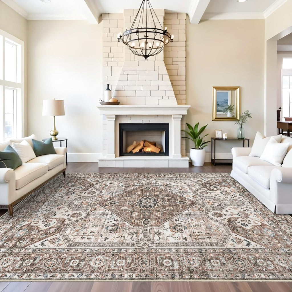 Skiennix Washable 9x12 Large Area Rug - Vintage Non-Slip Medallion Design for Living Room & Bedroom