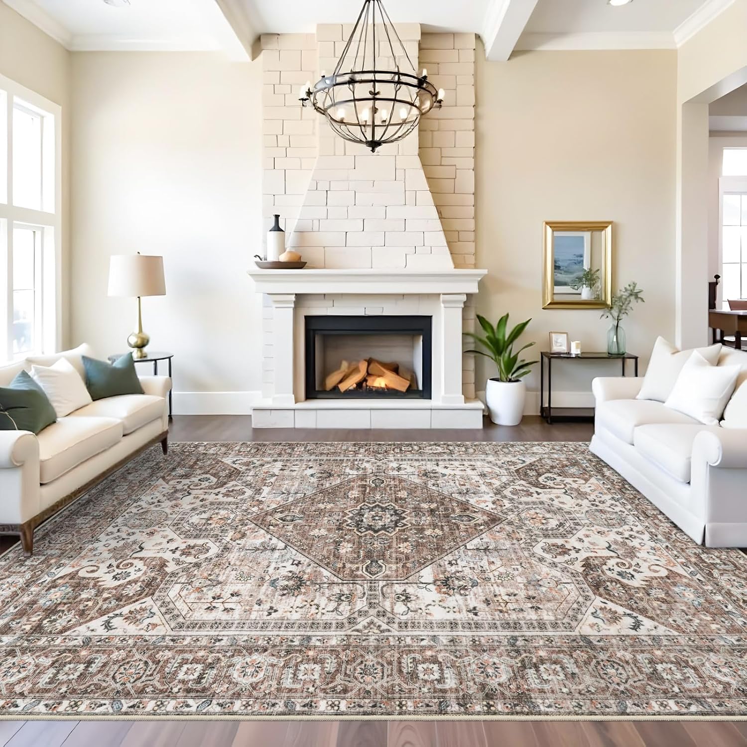 Skiennix Washable 9x12 Large Area Rug - Vintage Non-Slip Medallion Design for Living Room & Bedroom