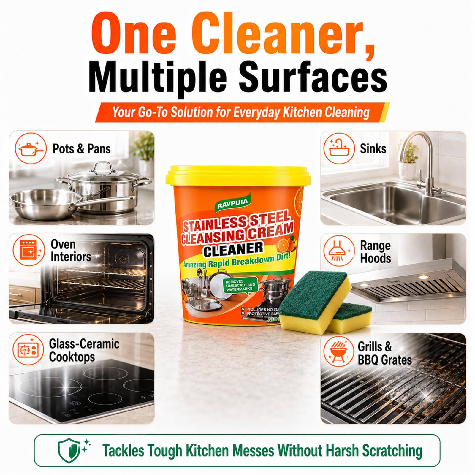 STAINLESS STEEL CLEANER & POLISH - Heavy Duty Cleaning Paste for Stove, Oven, Pans, Cookware, Sink | All Purpose Multi-Purpose Household Cleaner | Removes Grease & Stains | with 2 Sponges (500g)