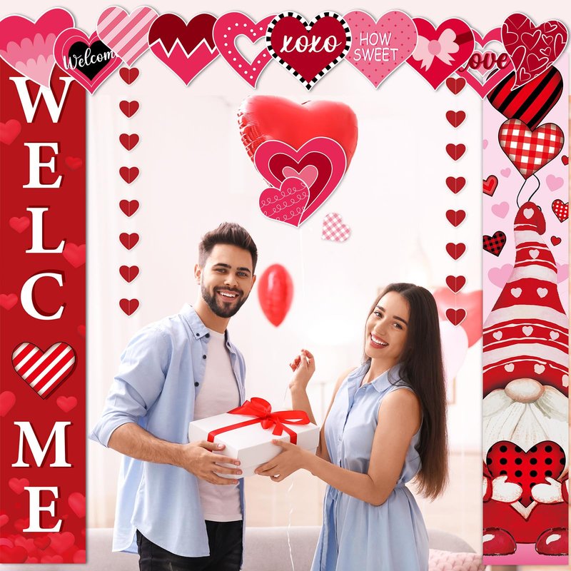 17 Pcs Valentine's Day Door Banner Decorations Set with Hearts Garland Love Heart Cutouts Red Buffalo Plaid Gnome Valentine Porch Welcome Sign for Home School Wall Indoor Outdoor Party Supplies Decor