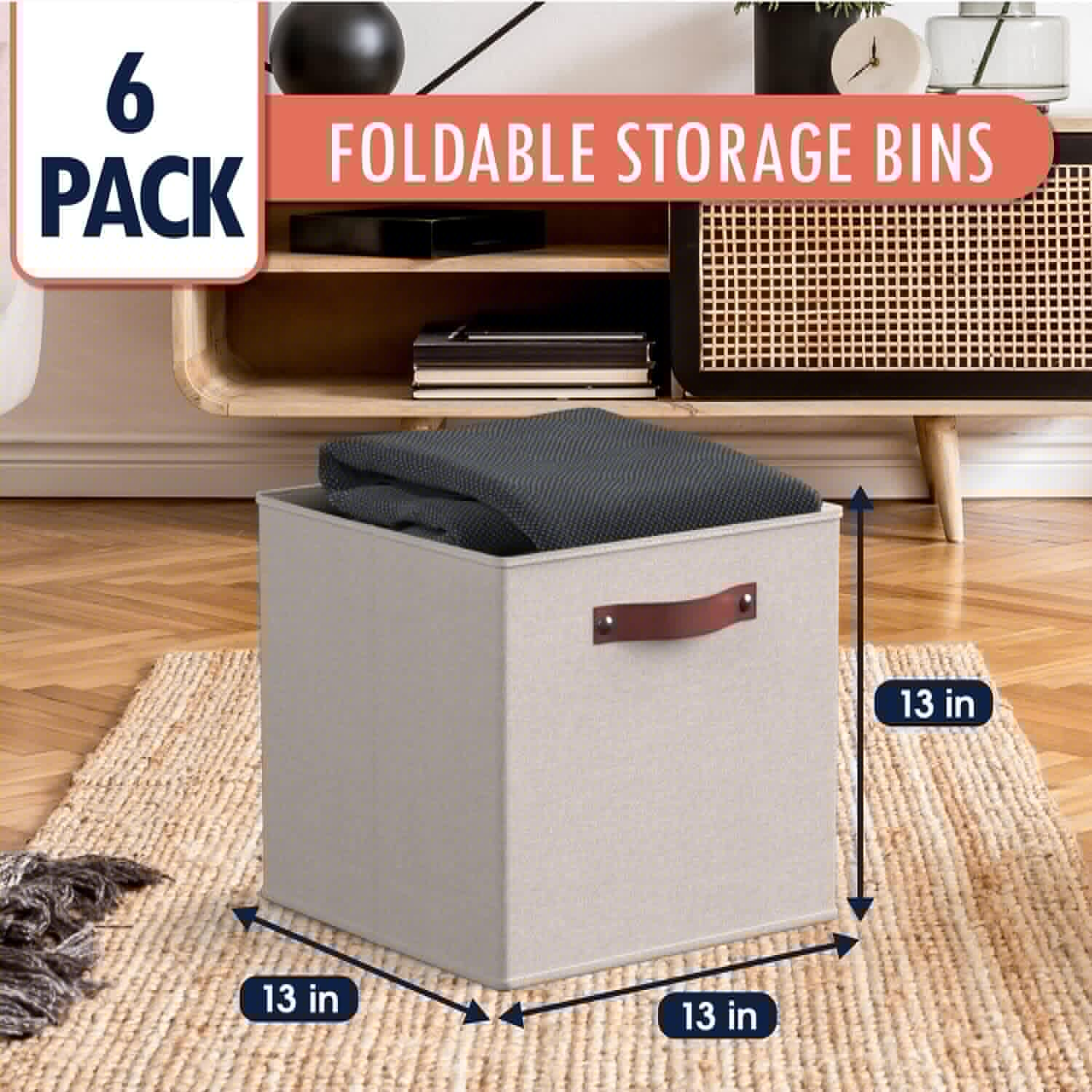 Ornavo Home Storage Cube Bins - Foldable Fabric Organizer with Leather Handles | 13x13, Beige, 6 Pack