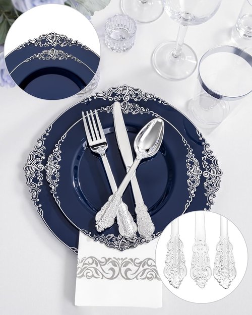 Hioasis 350-Piece Blue and Silver Party Plates Set - Heavy-Duty Plates, Cutlery, Cups & Napkins for 50 Guests