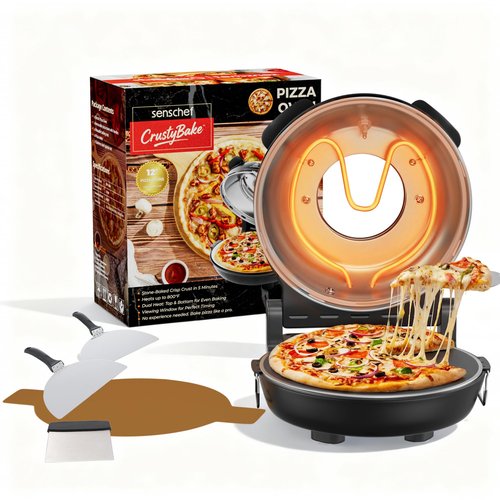 SENSCHEF 12 Inch CrustyBake Electric Pizza Oven – 800°F Indoor Countertop Cooker, Glazed Ceramic Stone for Crispy Crust, Dual Heat Control, 5-Min Pizzeria Pizza, Tools & Recipe Book Included