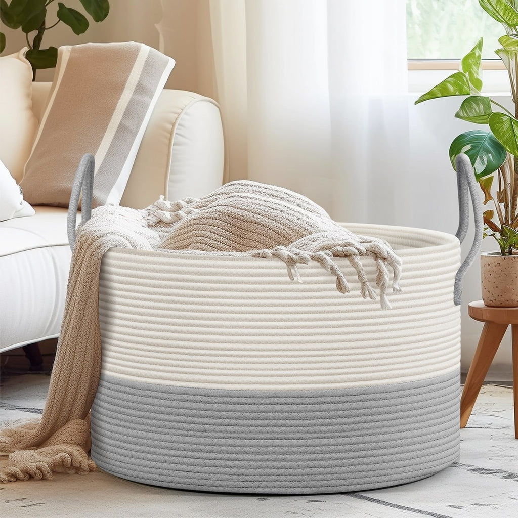 noonkty Blanket Basket Living Room - Toy Storage Basket, 21.7" X 21.7" X 13.8" XXL Cotton Rope Woven Laundry Baskets with Handles, Large Baskets for Storage Nursery Hamper