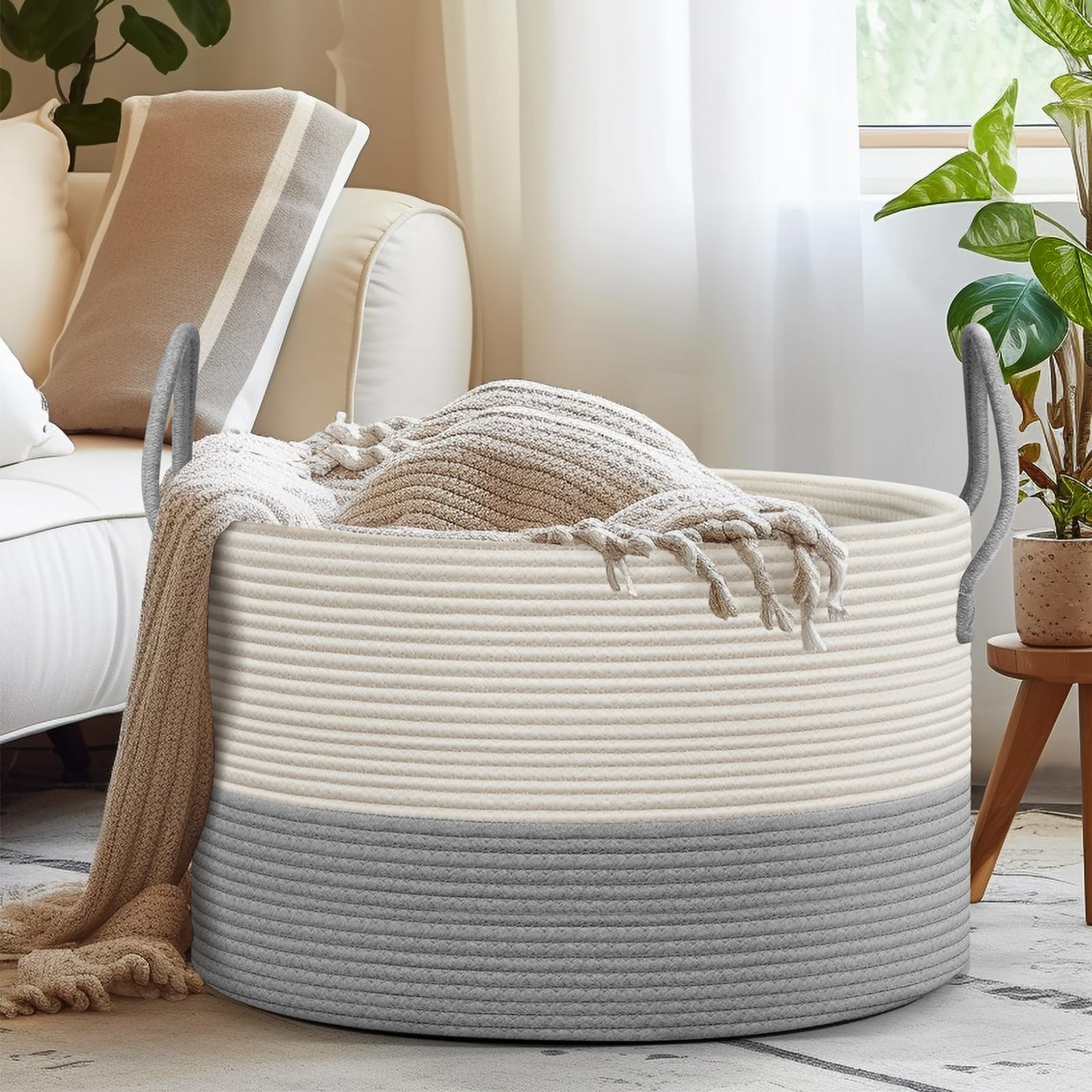 noonkty Blanket Basket Living Room - Toy Storage Basket, 21.7" X 21.7" X 13.8" XXL Cotton Rope Woven Laundry Baskets with Handles, Large Baskets for Storage Nursery Hamper