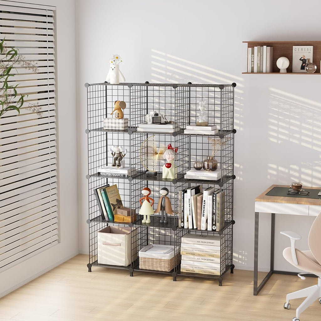ATTJL12B 12-Cube Storage Organizer - Modular Metal Wire Shelving Unit | 11.8" L x 11.8" W x 11.8" H, Black