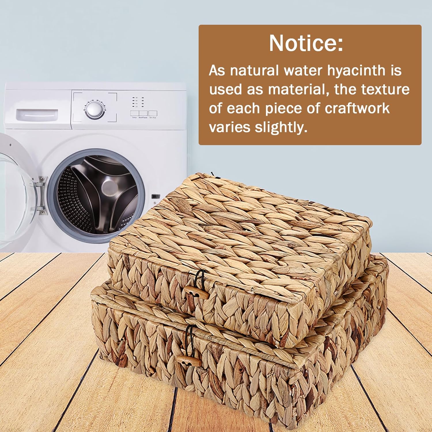 Natural Water Hyacinth Baskets by [Brand Name] - Set of 2 Handwoven Storage Bins with Lids for Home Organization