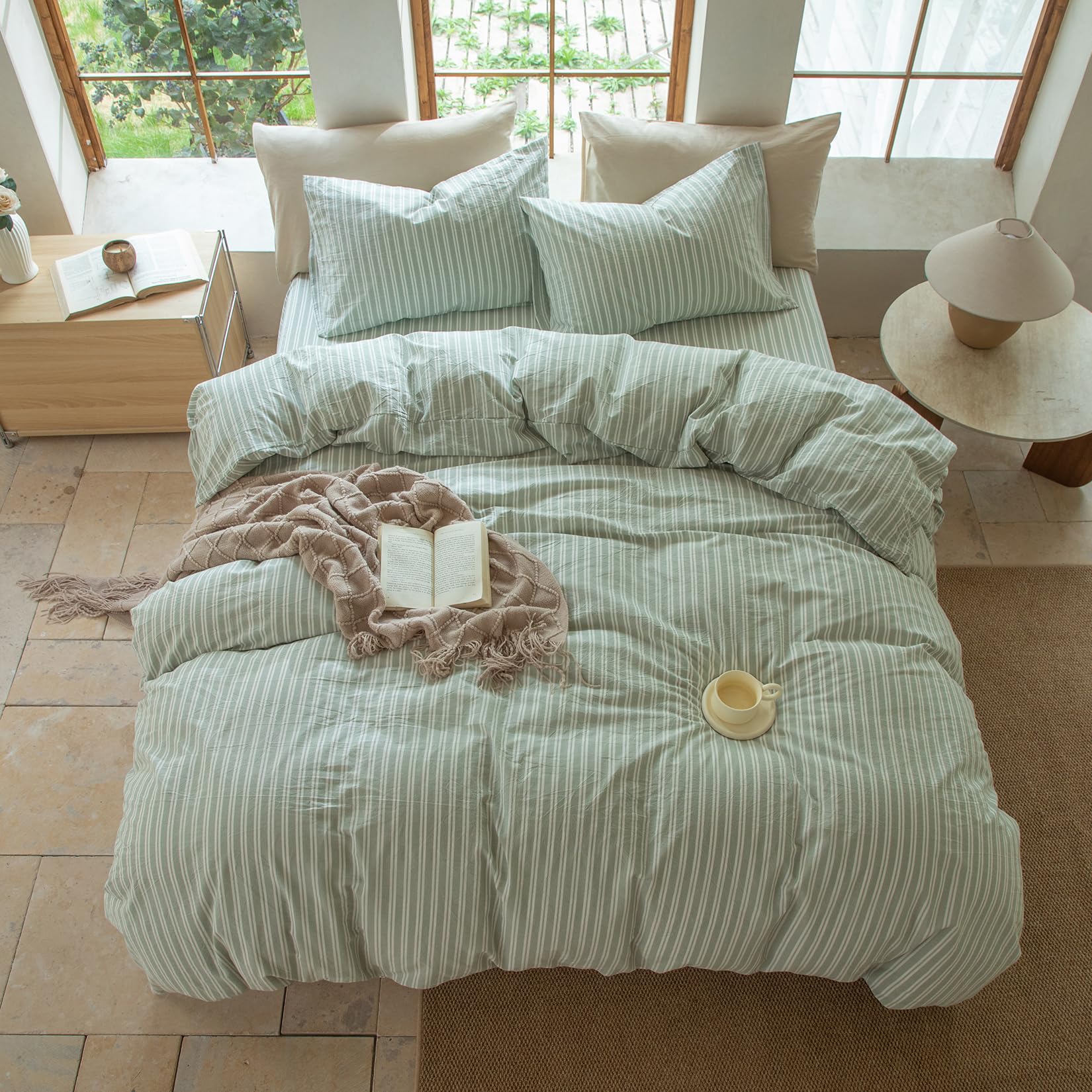 BESTDESIL Sage Green and White Striped Duvet Cover,100% Washed Cotton Breathable and Linen Like Bedding Set(Strip-Sage Green/White,Full)