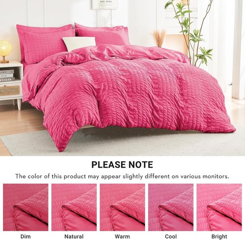 HYMOKEGE California King Comforter Set - Hot Pink Seersucker 7-Piece Luxury Bedding Set