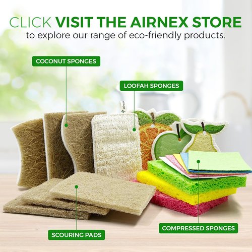 AIRNEX Natural Loofah Sponges for Dishes - Pack of 6 Plastic Free Loofah Kitchen Sponges with Cellulose Core & Cotton Loop - Non Toxic Natural Sponges for Dishes & Kitchen Cleaning