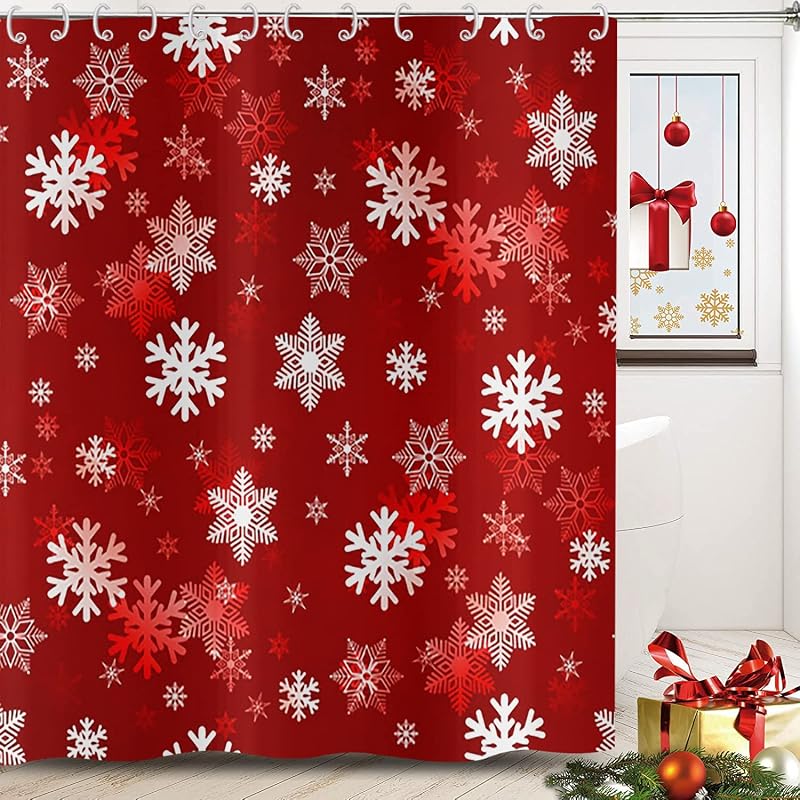 Christmas Snowflake Shower Curtain Red White 72x72 with 12 Hooks – Waterproof Polyester