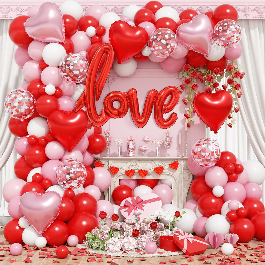 Froova Pink Red White Balloons Arch Kit Mothers Day Balloon Garland Love Foil Balloons Red Pink Heart Shaped Balloon for Women Happy Mothers Day Best Mon Anniversary Sweet Valentine Day Romantic Decor