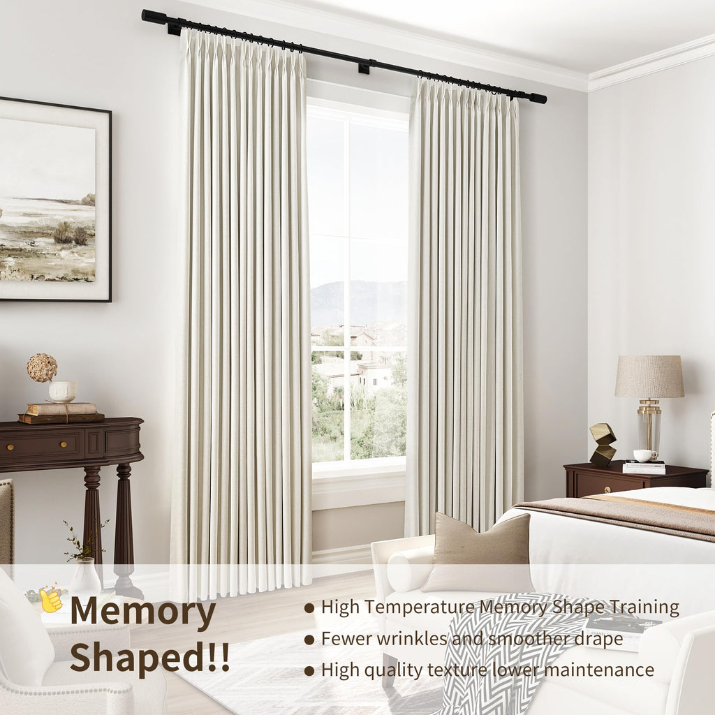 Pinch Pleated 100% Blackout Linen Curtains 96 Inches Long for Bedroom Living Room Memory Trained Pinch Pleat Linen Curtains Rustic Farmhouse Thermal Insulated Natural Cream Pleated Drapes 8ft 40x96