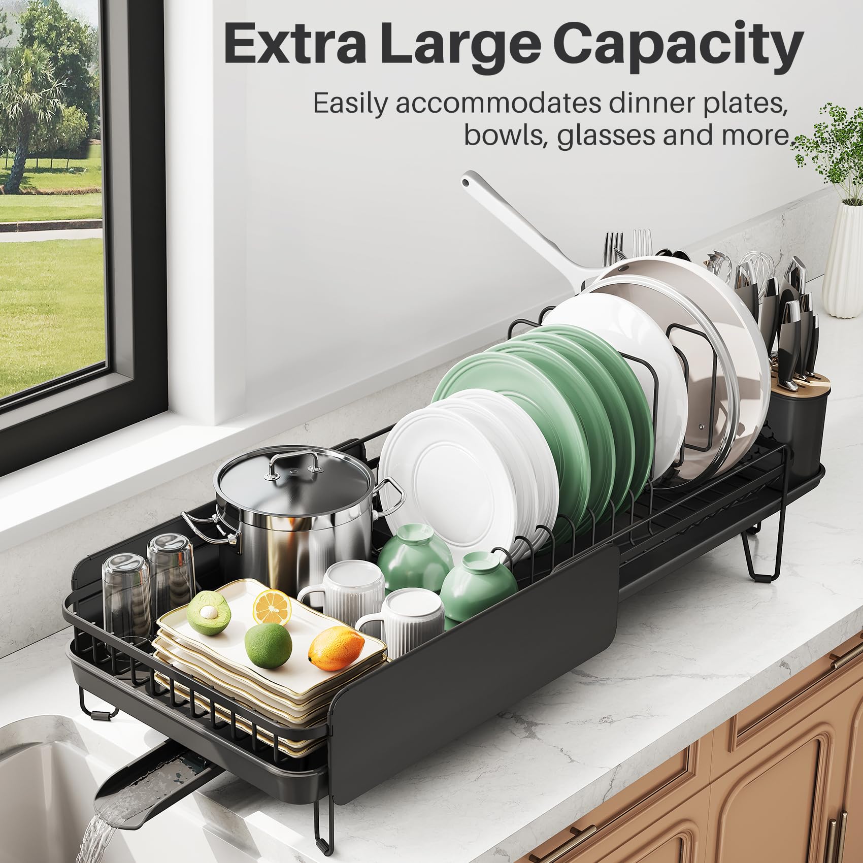SNTD Large Dish Drying Rack - Expandable (19.3" to 29.4") Dish Rack for Kitchen Counter, Stainless Steel Dish Drainer with Utensil Holder, Pan Holder & Pot Lid Holder (Black)