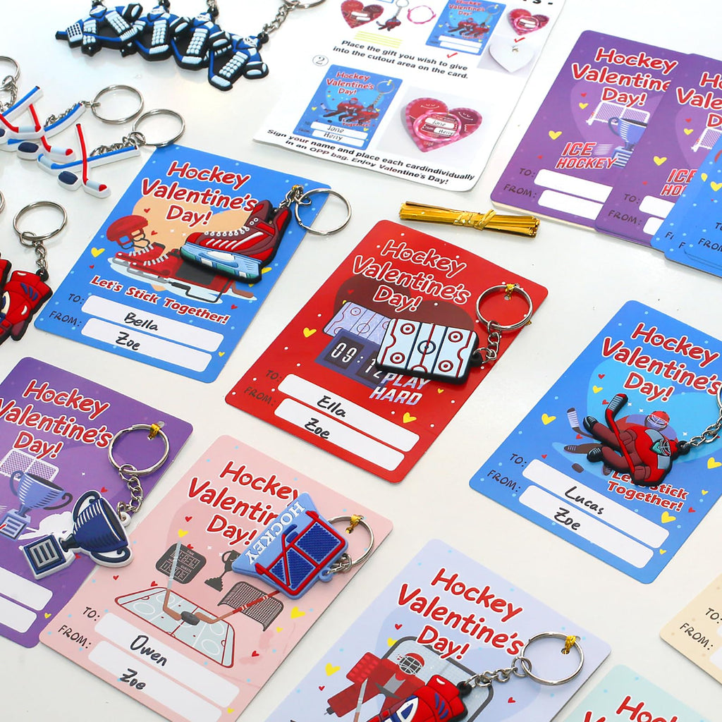 PINGAMOO Hockey Valentines Day Cards, 32PCS Valentine Cards with 32PCS Hockey Keychains, Boys Valentine's Card for Classroom School Party Favors Valentines Exchange